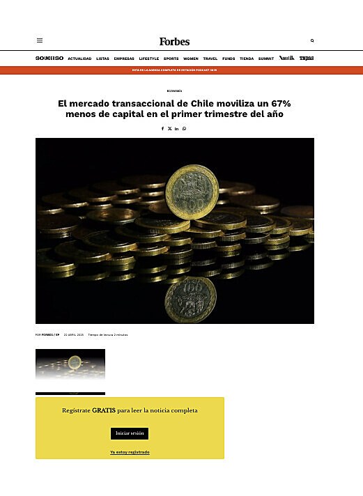 El mercado transaccional de Chile moviliza un 67% menos de capital en el primer trimestre del ao